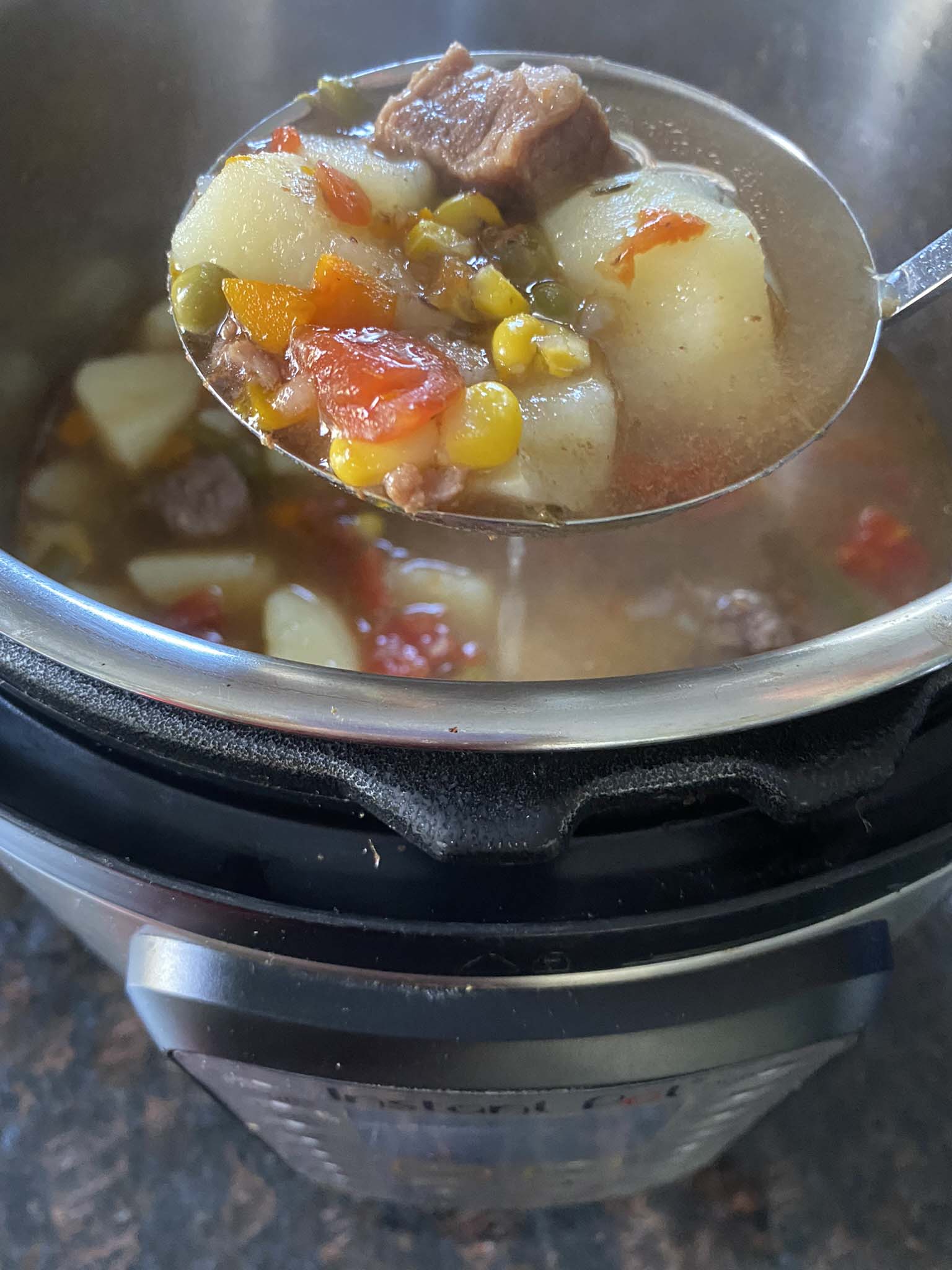 Vegetable beef soup in an Instant Pot.