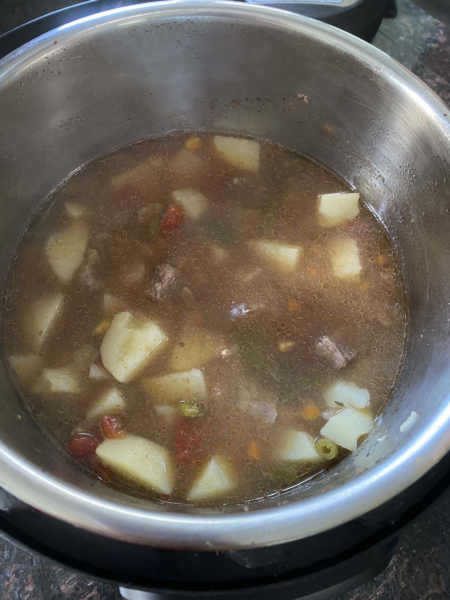 Vegetable beef soup in an Instant Pot.