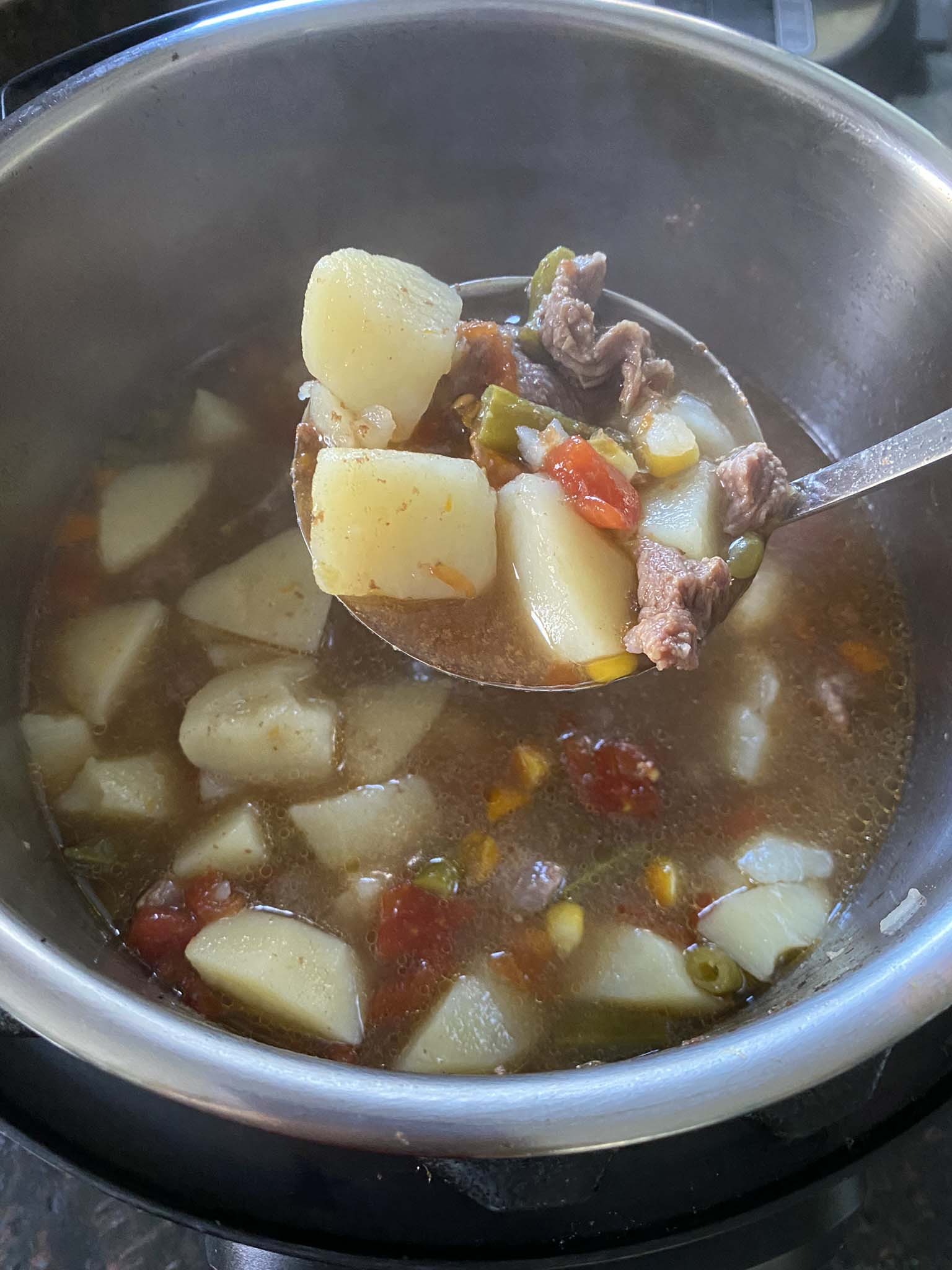 Vegetable beef soup in an Instant Pot.