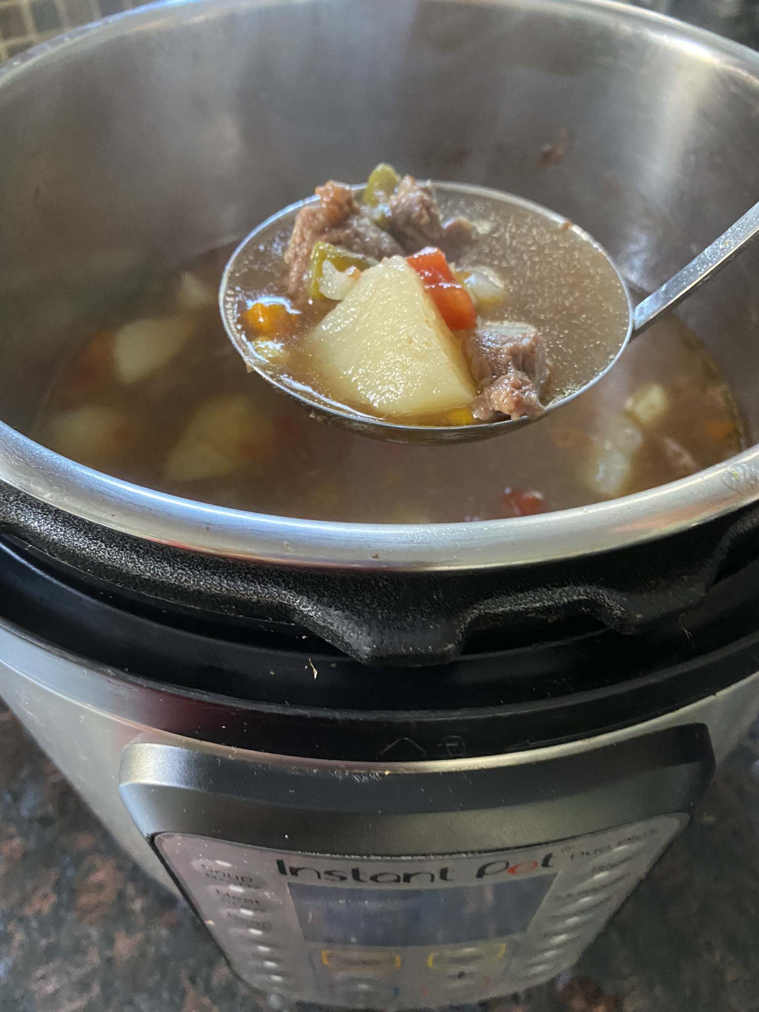 Vegetable beef soup in an Instant Pot.