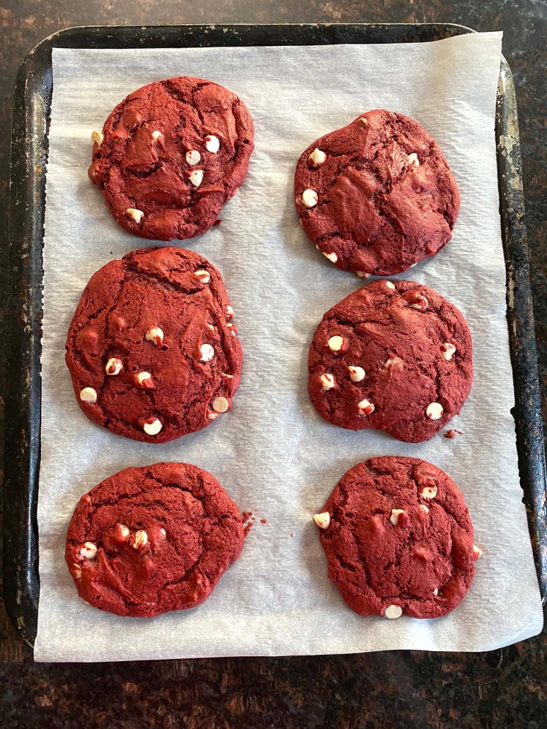 baking sheet with red velvet cookies on it