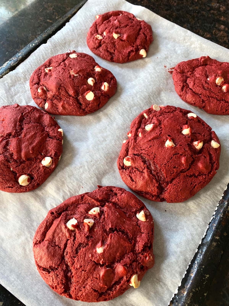 cake mix red velvet cookies on a baking sheet