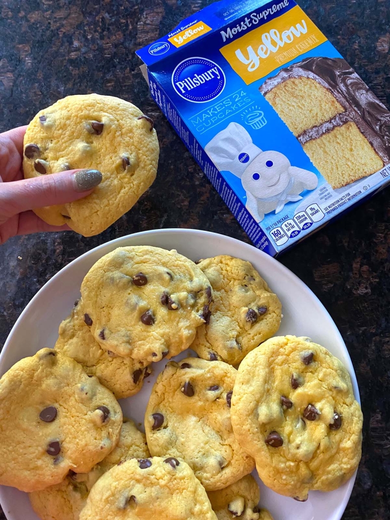 yellow cake mix cookies next to yellow cake mix package