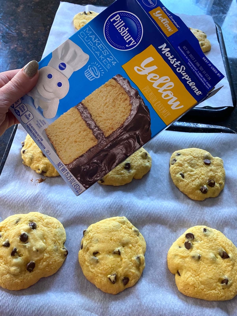 box of cake mix in front of cake mix cookies