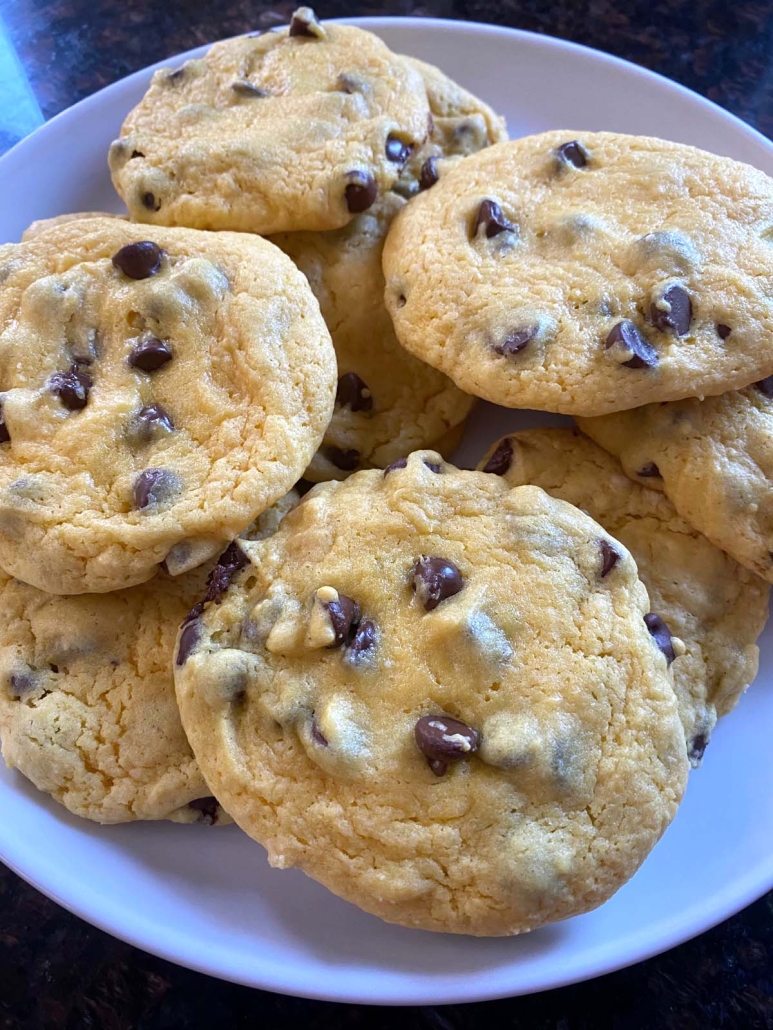 plate of yellow cake mix cookies with chocolate chips