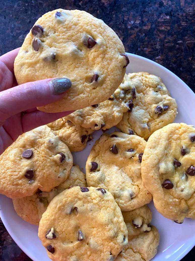 hand holding cookie with chocolate chips