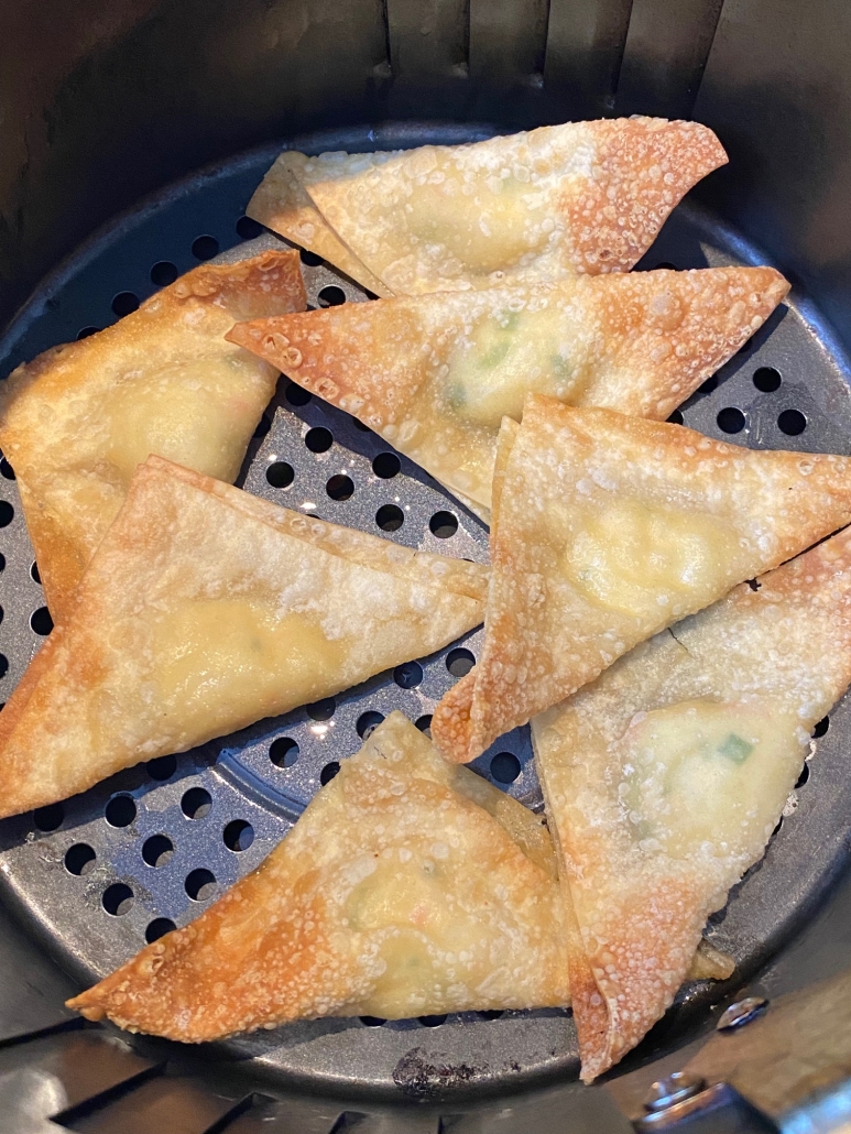 close-up of crab rangoon in air fryer