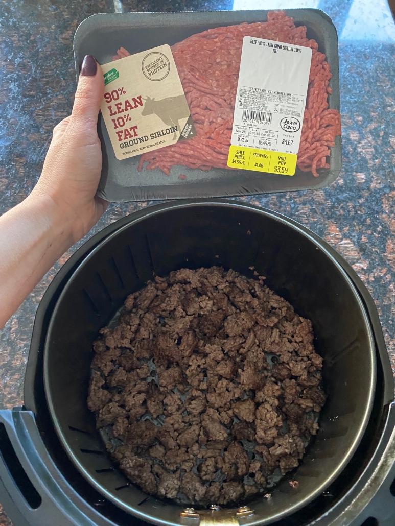 ground beef package next to air fryer basket