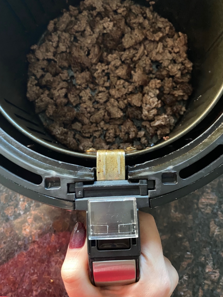 cooked ground beef in air fryer basket