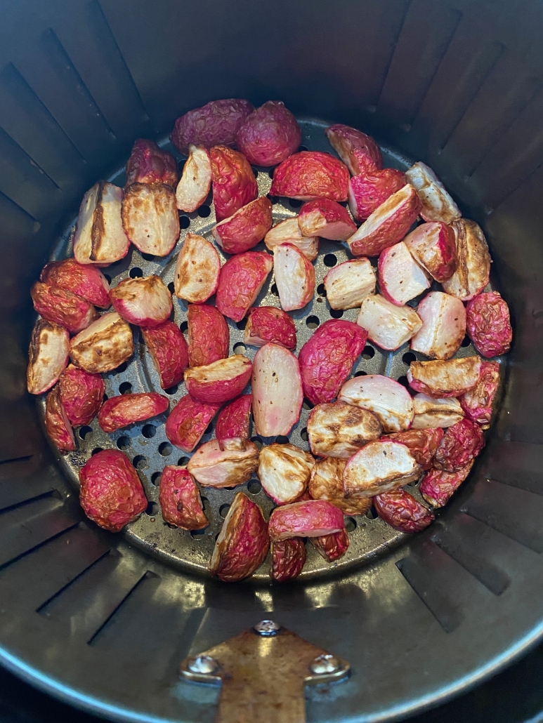 close-up of roasted radishes in air fryer