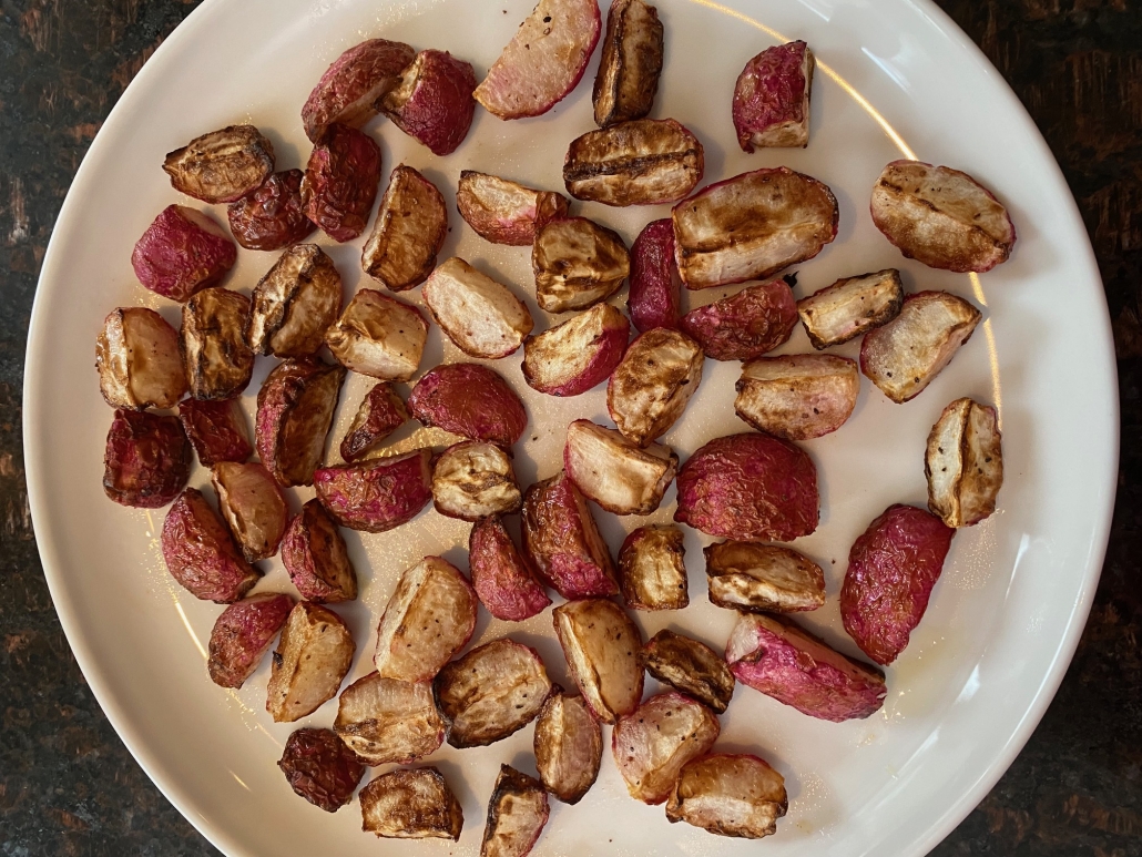 plate of seasoned air fryer radishes