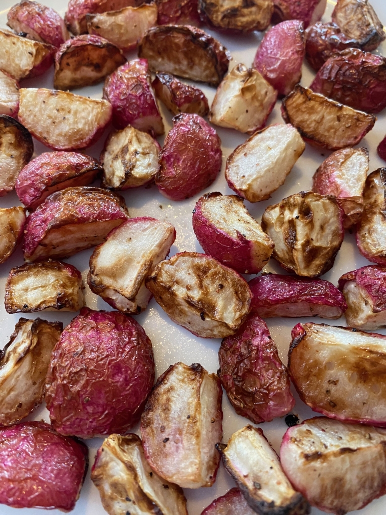 close-up of roasted radishes
