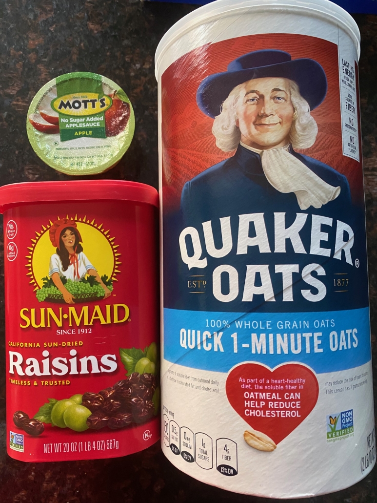 packages of raisins, oats, and applesauce
