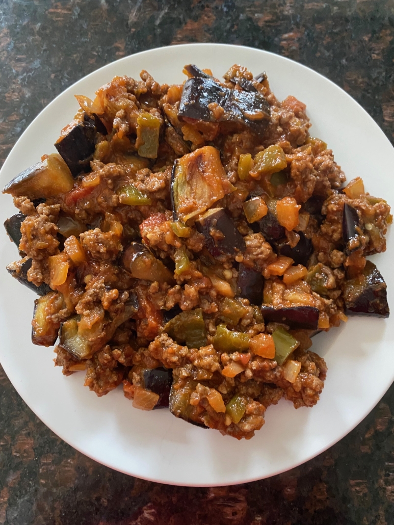 plate of cooked ground beef and eggplant