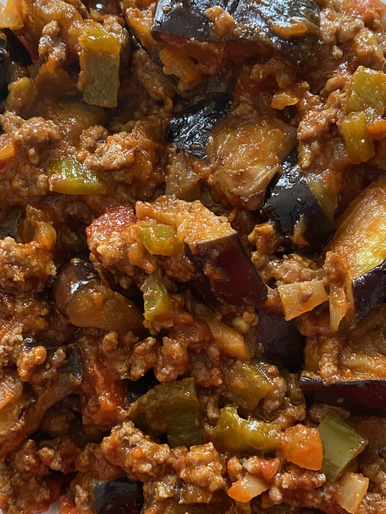 close-up of ground beef and eggplant dish
