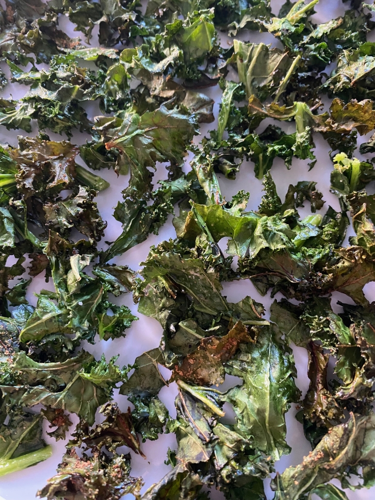 close-up of air fryer kale chips on a plate