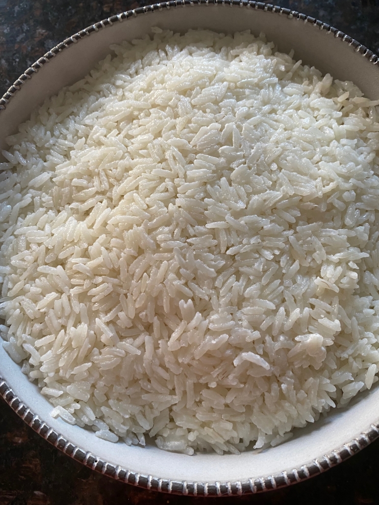 close-up of coconut rice in serving bowl