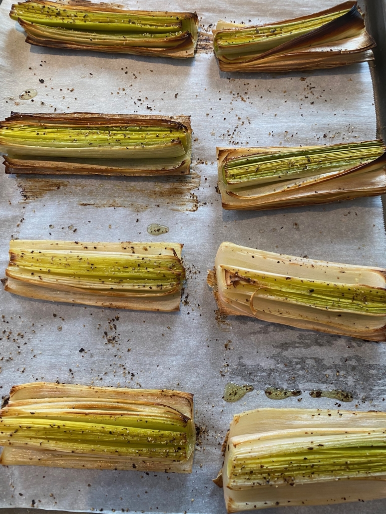 roasted leeks seasoned with olive oil, salt, and pepper