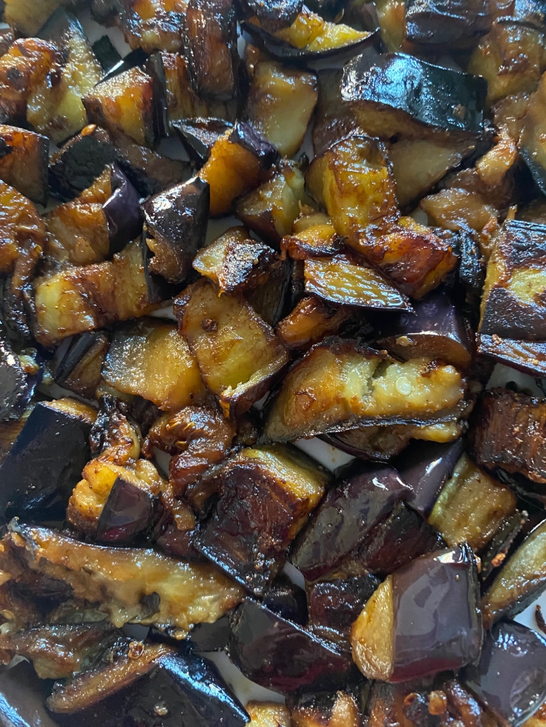 close-up of sautéed eggplant