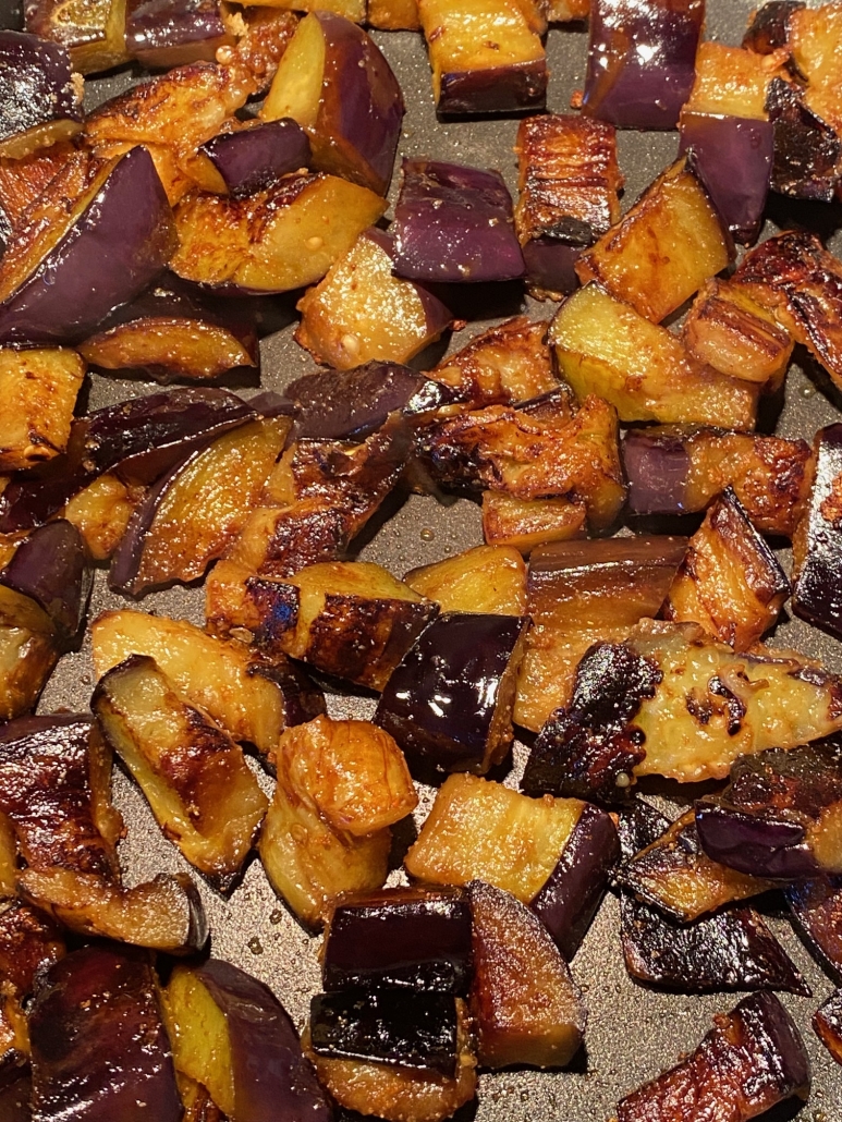 close-up of seasoned sautéed eggplant