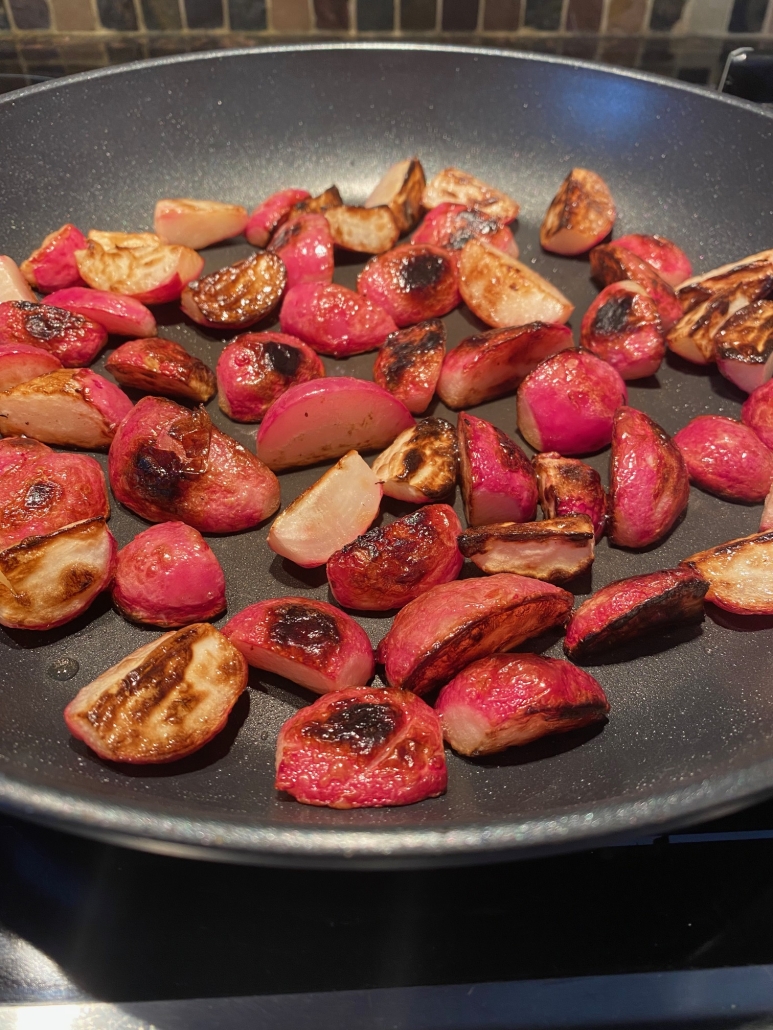 sliced radishes pan frying