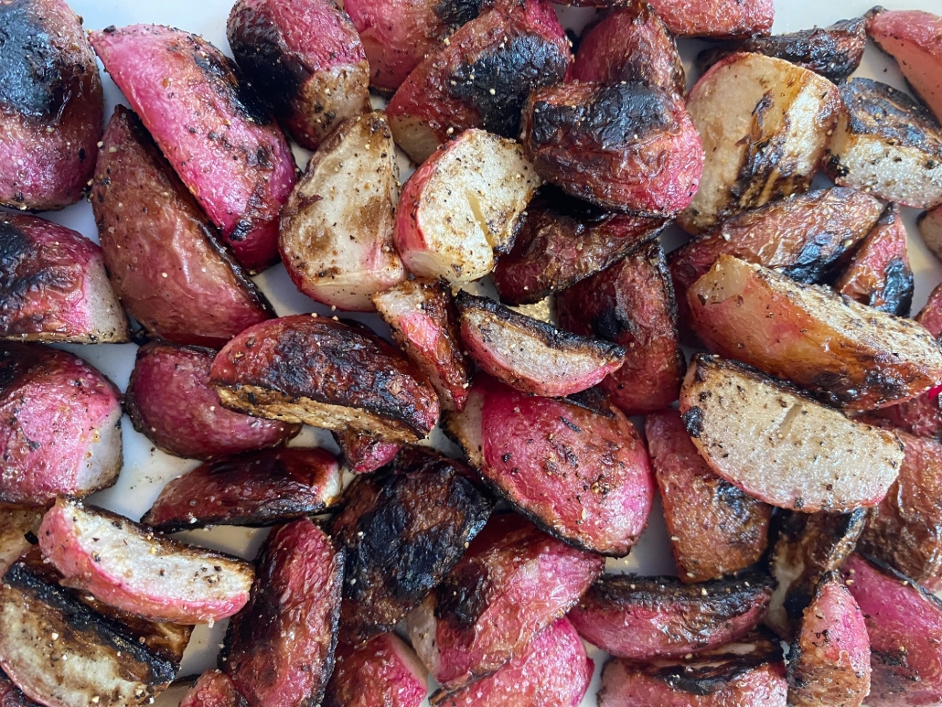 close-up of sauteed radishes