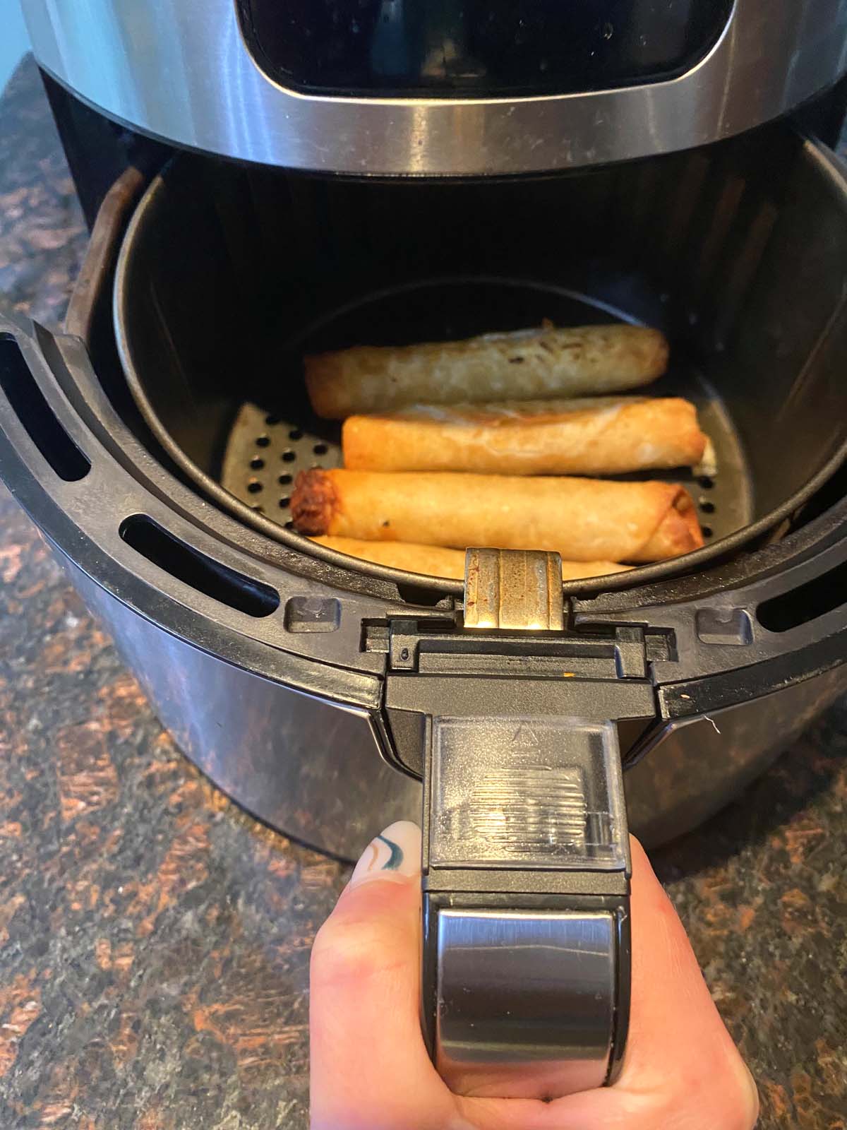 Cooked flautas in an air fryer.