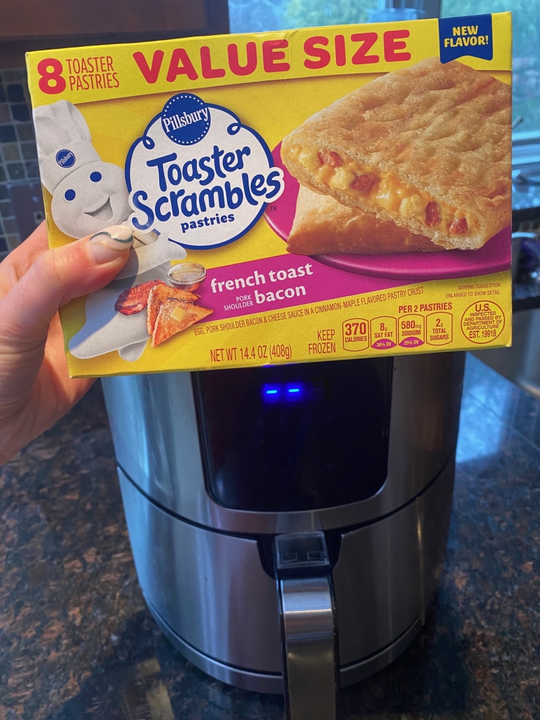 package of Toaster Scrambles in front of air fryer
