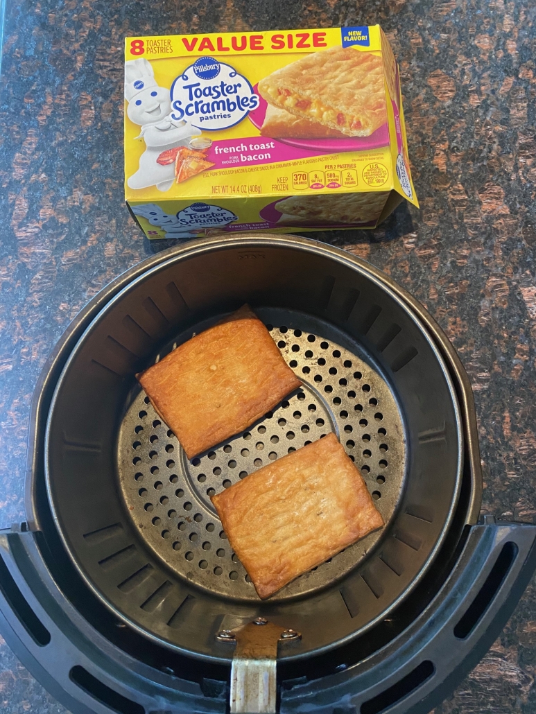 Air Fryer-Cooked Toaster Scrambles next to package of frozen Toaster Scrambles