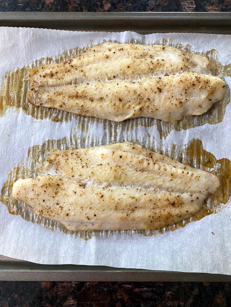 Baked Swai Fish on a baking sheet