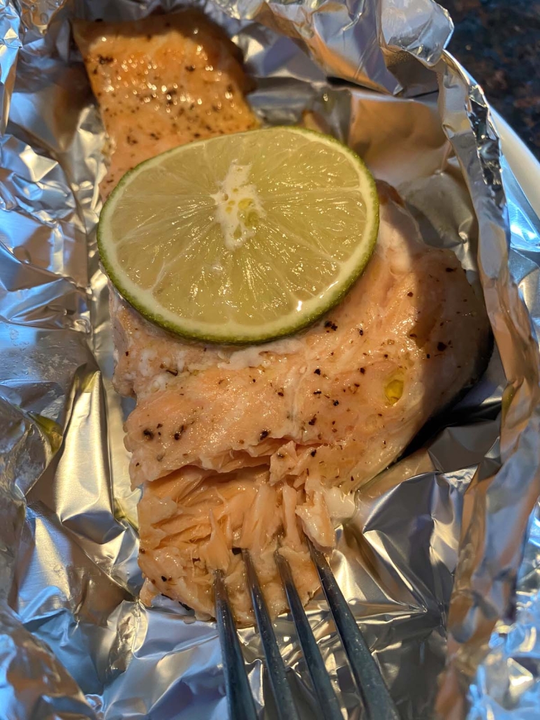 salmon fillet cooked in a foil packet