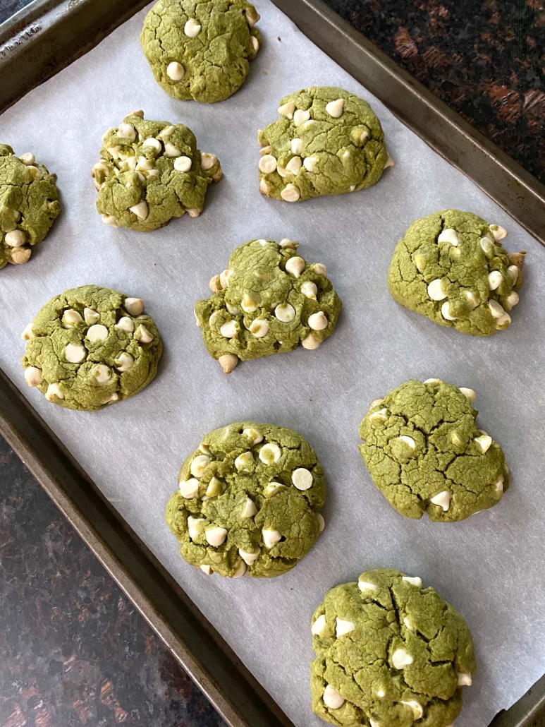 Matcha Cookies With Chocolate Chips on a baking sheet