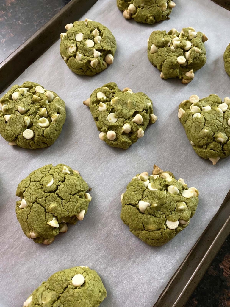 easy, chewy matcha cookies with white chocolate chips