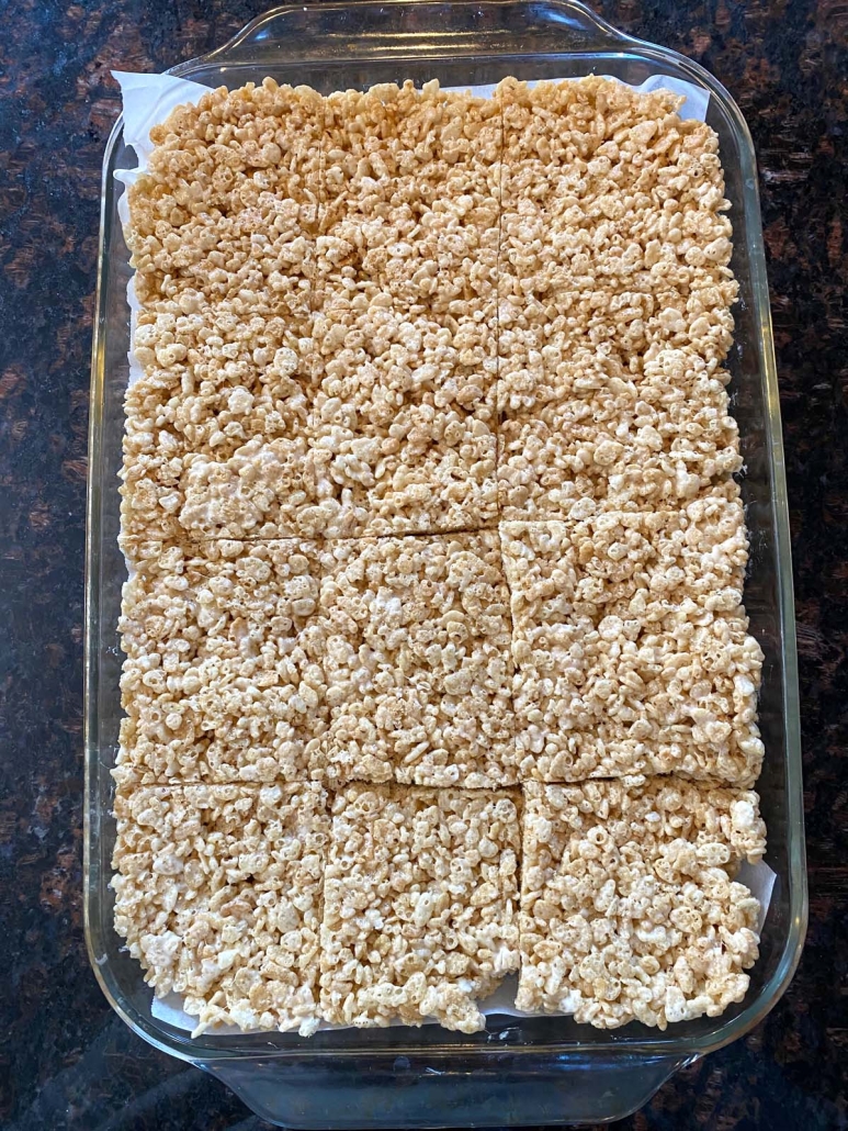 pan of Microwave Rice Krispie Treats cut into squares