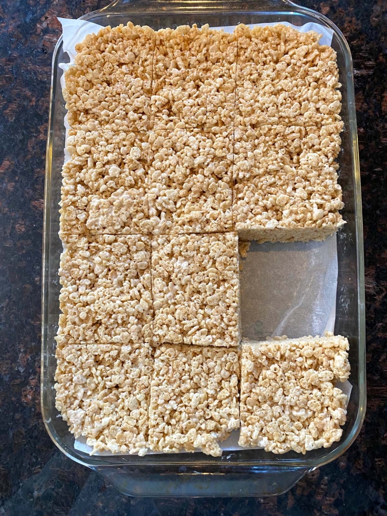 pan of Rice Krispie treats made in the microwave