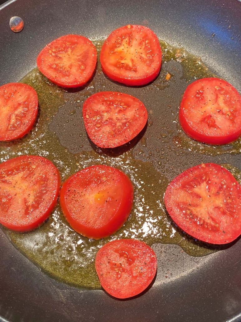 tomato slices in a skillet
