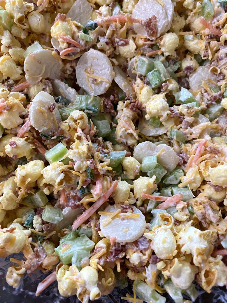 close-up of ingredients of popcorn salad