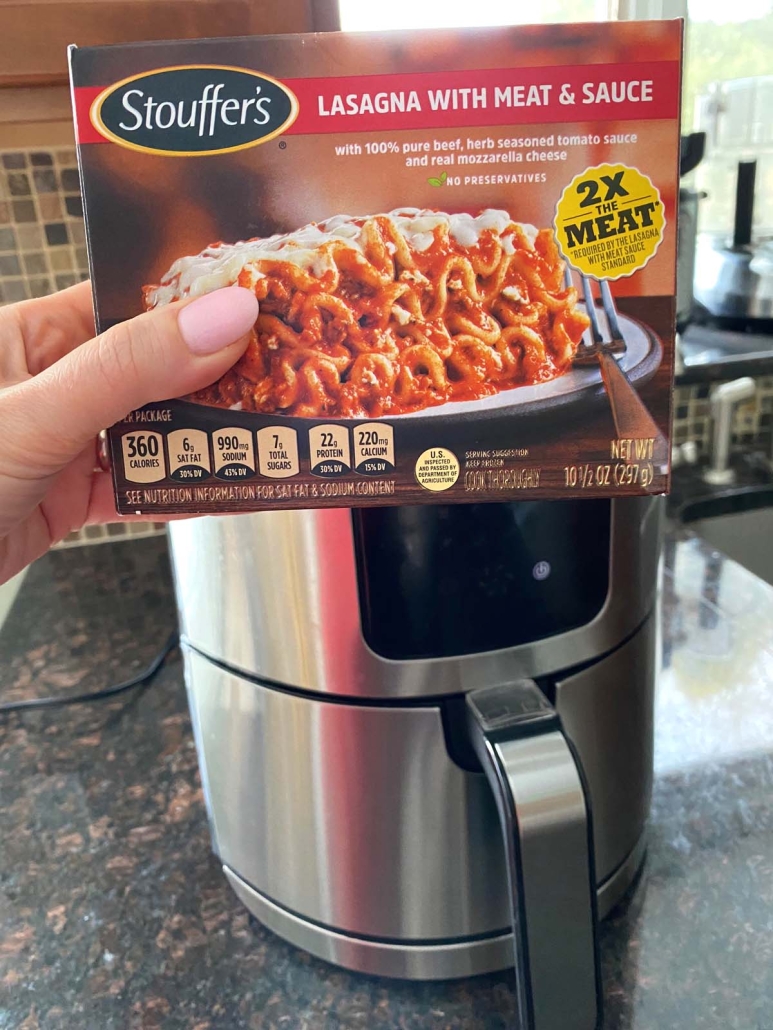 package of Stouffer's lasagna next to an air fryer 