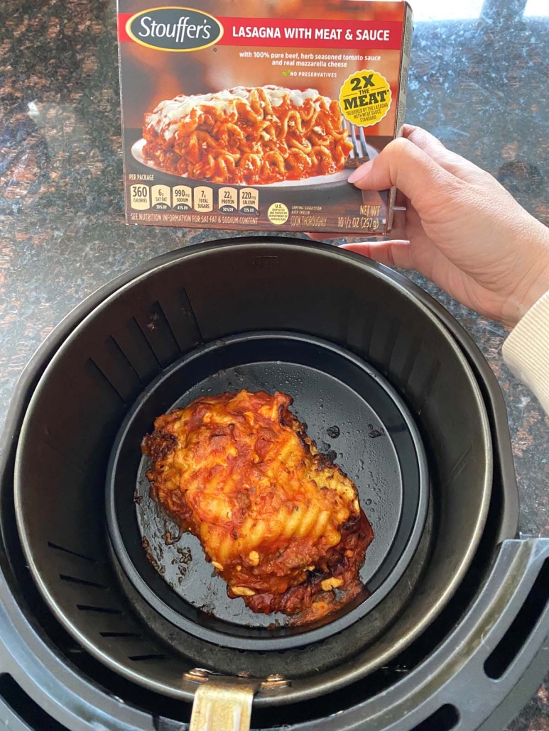 frozen Stouffer's Lasagna next to Lasagna In Air Fryer