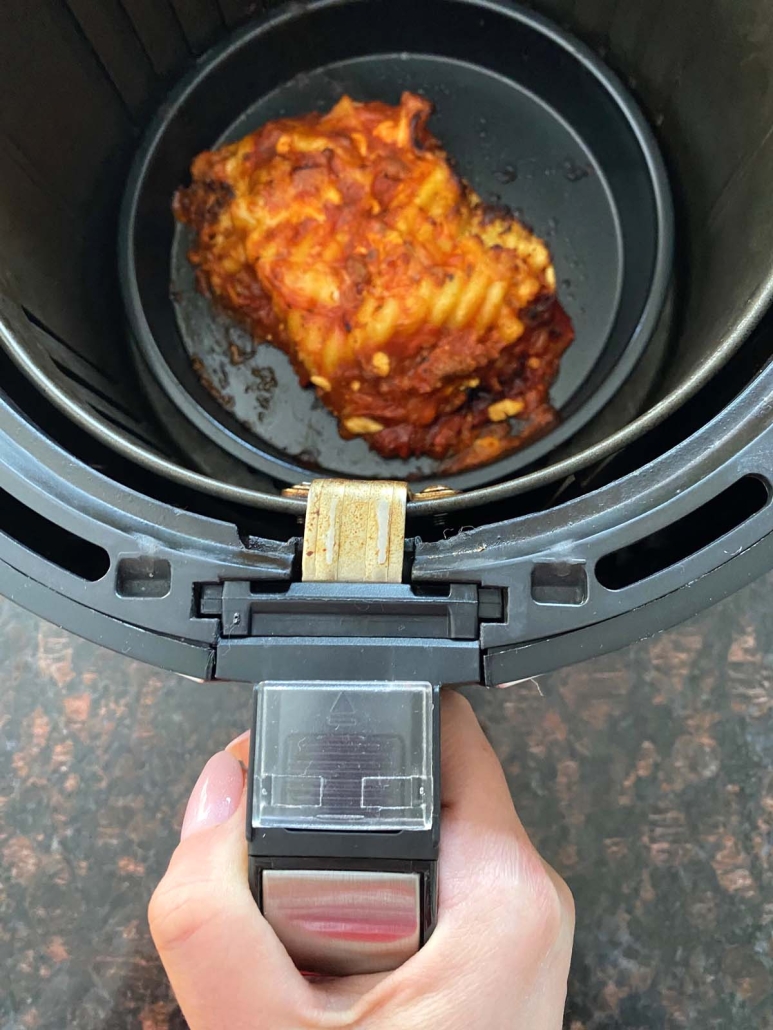 Stouffer's Lasagna in baking pan in air fryer