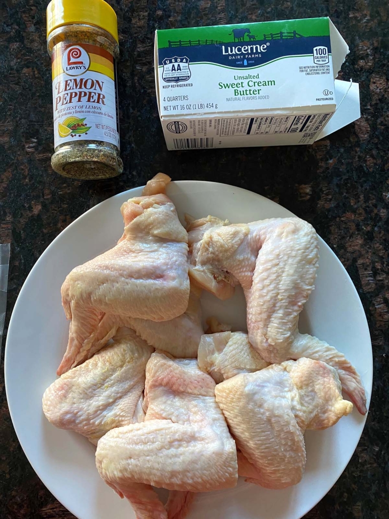 chicken wings, butter, and lemon pepper seasoning