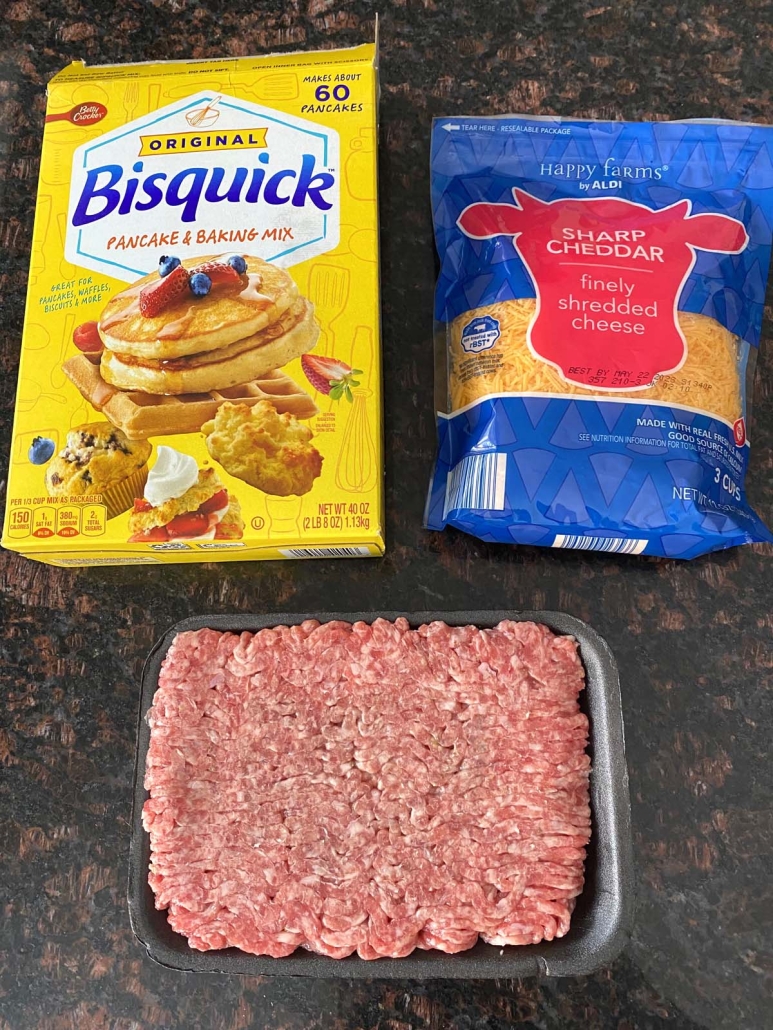 Bisquick baking mix, ground sausage, and shredded cheddar cheese