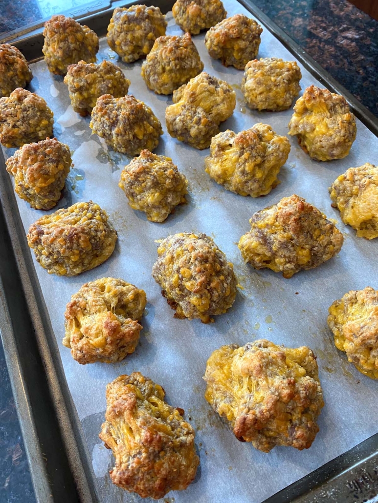 Sausage Balls made with sausage, Bisquick, and shredded cheese