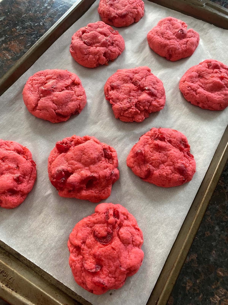 Maraschino Cherry Cookies on a baking sheet