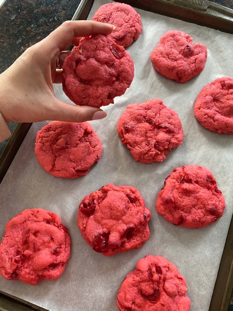 baked Maraschino Cherry Cookies with sliced cherries mixed in