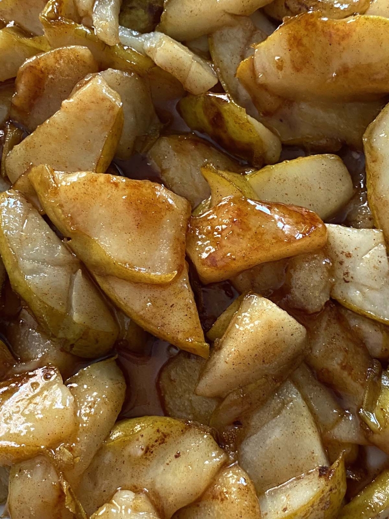 close-up of sliced, sautéed pears 