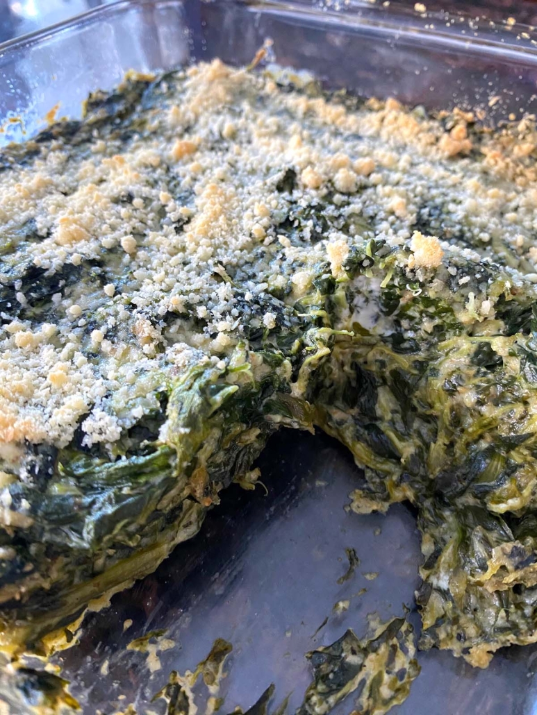 sliced Spinach Casserole in dish