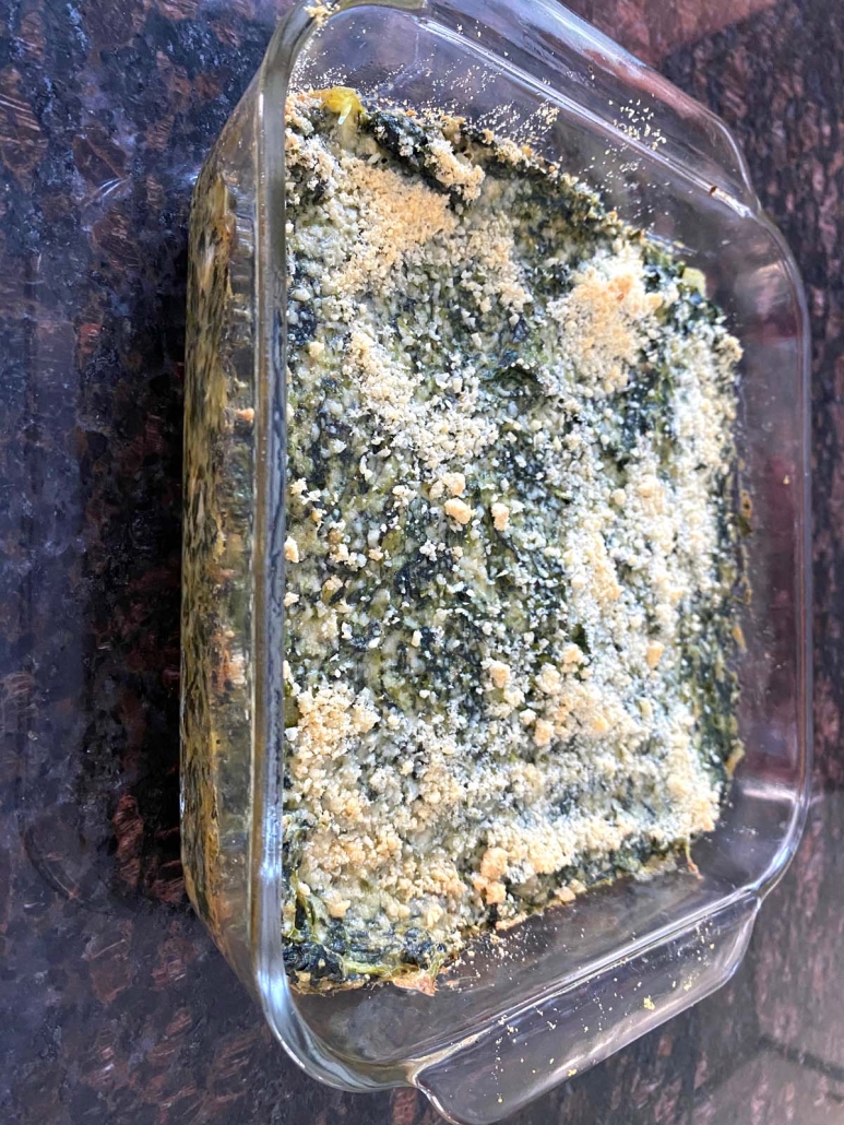 layers of Spinach Casserole in dish