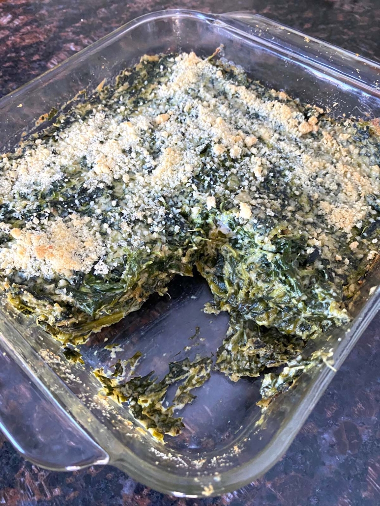 inside of Spinach Casserole in baking dish