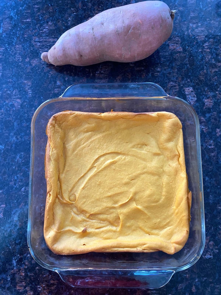sweet potato next to pan of Sweet Potato Souffle